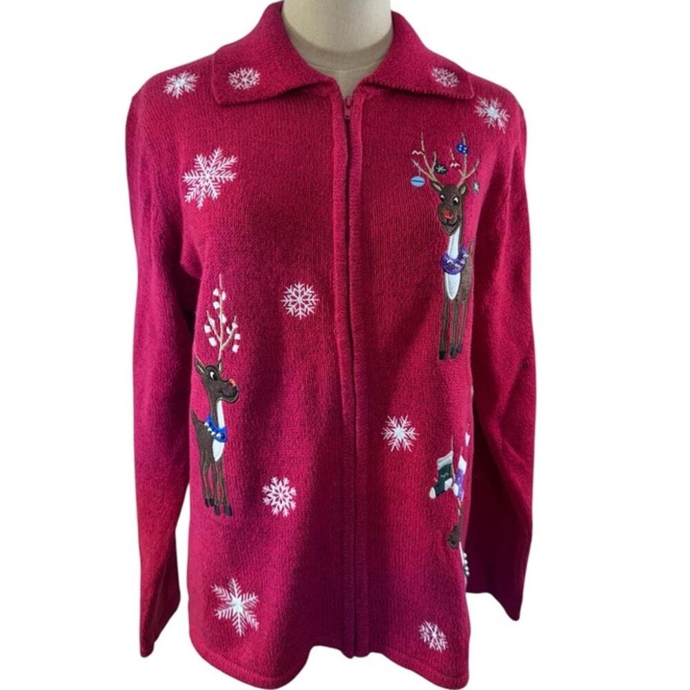 "Reindeer"‎ Christmas Sweater, Red, No Size Tag, Zip Up, Embroidered, Collar
